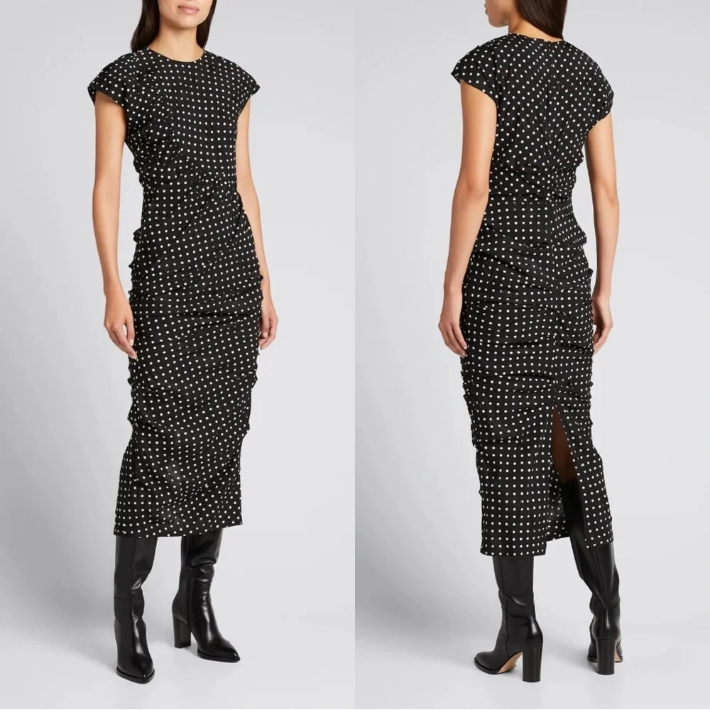 Rachel Comey New Delirium Silk Polka Dot Ruched Midi Short Sleeve Dress Black - Picture 5 of 14